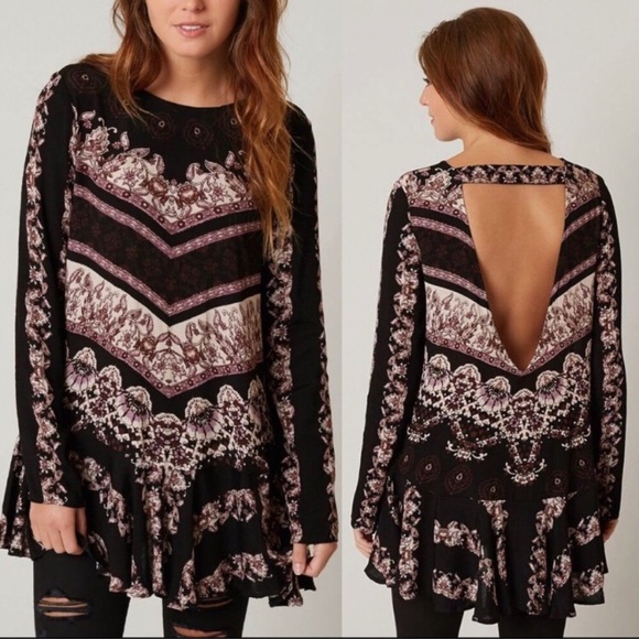 Free People Black Geometric Mini Dress Long Sleeve Open Back, XS, Festival Dress - Picture 3 of 13